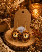 Lion Pom-Pom Dangle Earrings Brown & Golden Yellow
