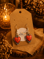 Coral Red Heart Western Dangle Earrings with Silver Floral Detail