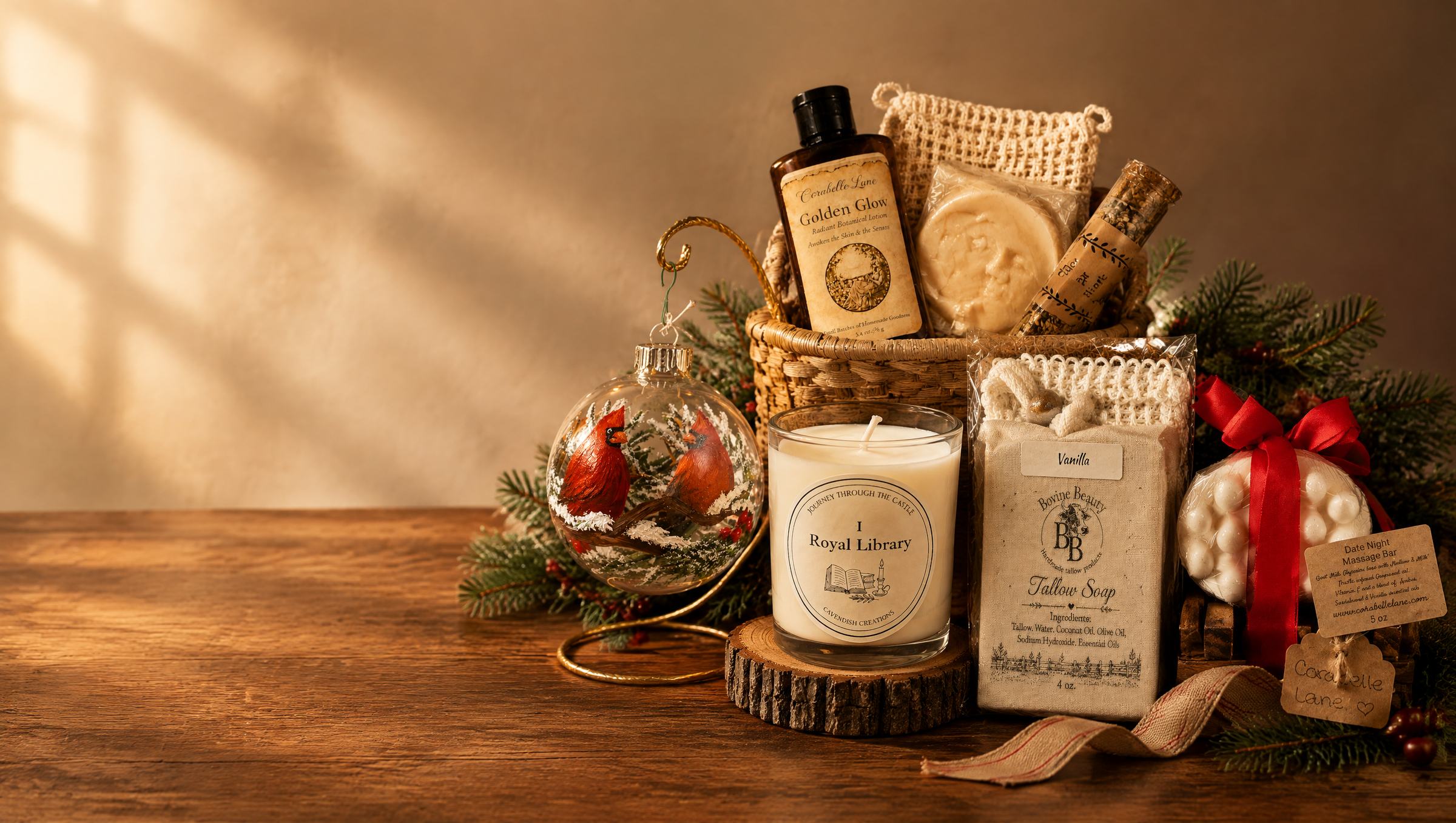 Handmade holiday gifts from local makers: cardinal ornament, spa gift basket, candle and soap gift sets