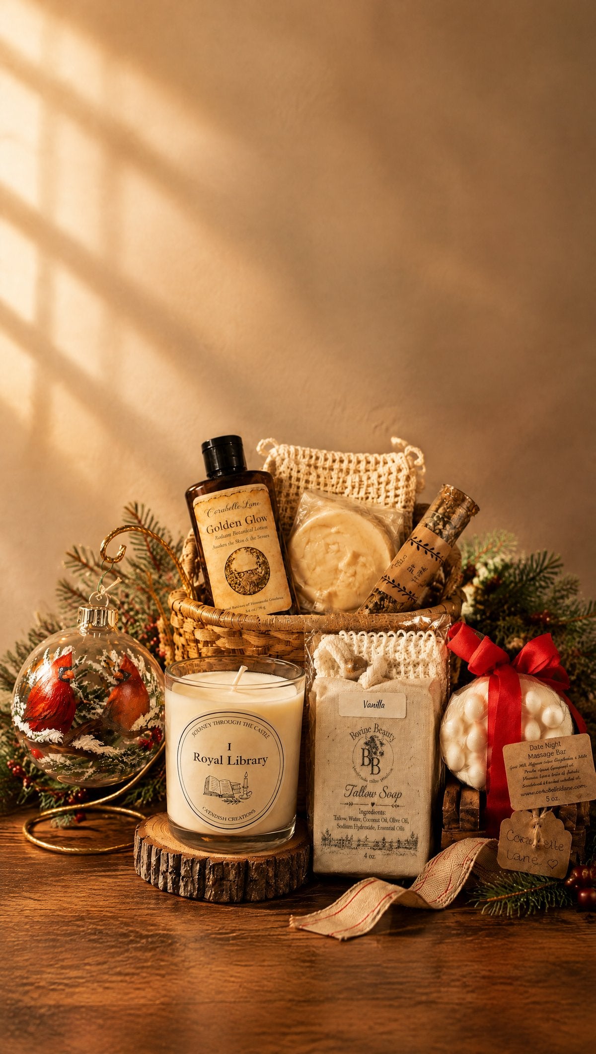 Handmade holiday gifts from local makers: cardinal ornament, spa gift basket, candle and soap gift sets